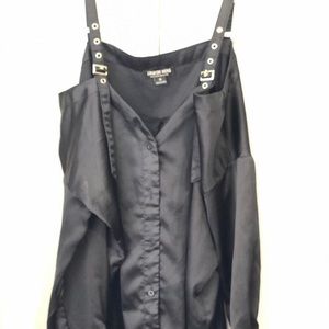 Silk navy off the shoulder long sleeve shirt